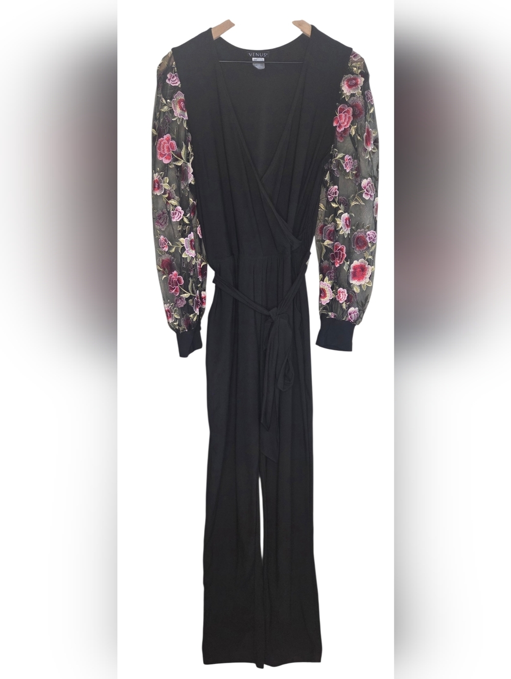VENUS Black Wrap Jumpsuit with Floral Sheer Sleeves - Large - Picture 5 of 6